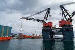 The semisub crane vessel Sleipnir lifted the riser hang off module from the quayside at Aibel&rsquo;s yard in Haugesund, Norway.