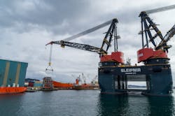 The semisub crane vessel Sleipnir lifted the riser hang off module from the quayside at Aibel’s yard in Haugesund, Norway. The semisub crane vessel Sleipnir lifted the riser hang off module from the quayside at Aibel’s yard in Haugesund, Norway.