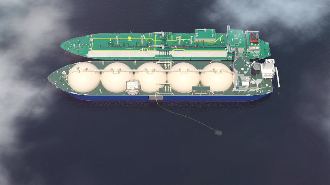 The FSRU will receive LNG from ship-to-ship deliveries from LNG carriers (LNGC). The LNGC is berthed to the FSRU, and LNG is transferred between the LNGC and FSRU via their mid-ship manifolds using cryogenic hoses.