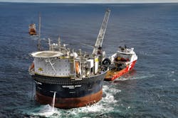 The circular-shaped FPSO Voyageur Spirit at the Huntington field in the UK central North Sea is expected to sailaway later this year. The circular-shaped FPSO Voyageur Spirit at the Huntington field in the UK central North Sea is expected to sailaway later this year.