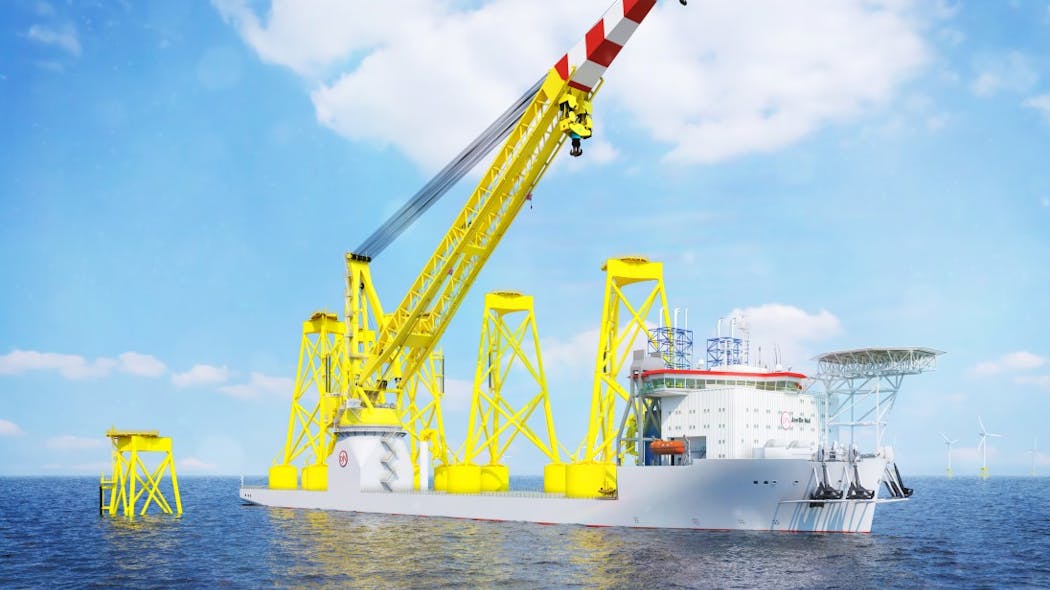 Artist impression of the floating installation crane vessel Les Aliz&eacute;s.