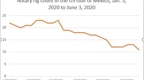 The rig count in the US Gulf of Mexico has fallen by 50% from Jan. 3, 2020, to June 19, 2020, from 22 to 11 rigs.