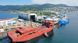 The hull of the CLV Nexans Aurora arriving at the Ulstein Verft shipyard in Ulsteinvik, Norway in June.