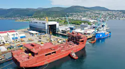 The hull of the CLV Nexans Aurora arriving at the Ulstein Verft shipyard in Ulsteinvik, Norway in June.