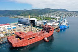 The hull of the CLV Nexans Aurora arriving at the Ulstein Verft shipyard in Ulsteinvik, Norway in June. The hull of the CLV Nexans Aurora arriving at the Ulstein Verft shipyard in Ulsteinvik, Norway in June.