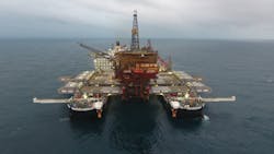 The Pioneering Spirit lifting the Brent Alpha topsides. The Pioneering Spirit lifting the Brent Alpha topsides.