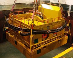 Subsea safety module with integral mud mat deployed on wire offshore the UK.