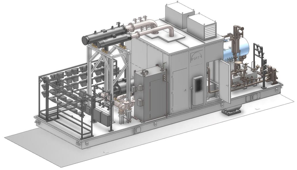 Two-stage screw compressor unit with noise enclosure as offshore vapour recovery unit.