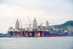 Offshore oil rigs under construction at the DSME shipyard in Okpo, South Korea.