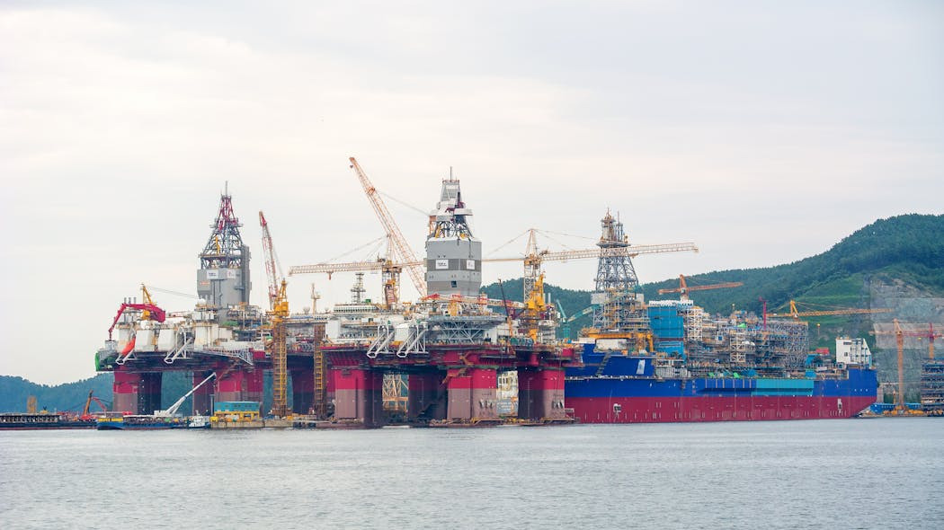 Offshore oil rigs under construction at the DSME shipyard in Okpo, South Korea.