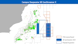 Map showing 2020 acquisition on the Campos deepwater GeoStreamer X and 17th Round block outlines. Map showing 2020 acquisition on the Campos deepwater GeoStreamer X and 17th Round block outlines.