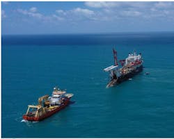 Allseas’ Solitaire installed the 90.3-km (56-mi), 30-in. and 24.in gas sales pipeline at the Karish gas field development offshore Israel. Allseas’ Solitaire installed the 90.3-km (56-mi), 30-in. and 24.in gas sales pipeline at the Karish gas field development offshore Israel.