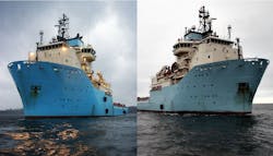 The anchor handler tug supply vessels Maersk Advancer (left) and Maersk Asserter (right).