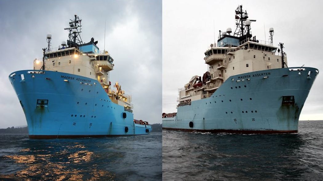 The anchor handler tug supply vessels Maersk Advancer (left) and Maersk Asserter (right).