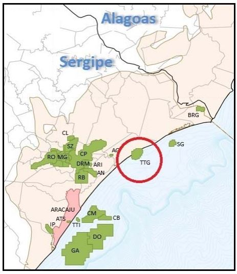 Location of the Tartaruga field in the Sergipe-Alagoas basin, offshore Brazil.