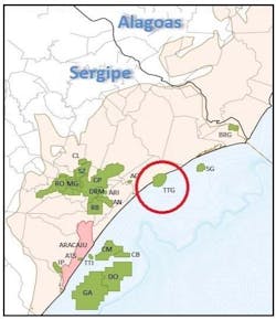 Location of the Tartaruga field in the Sergipe-Alagoas basin, offshore Brazil. Location of the Tartaruga field in the Sergipe-Alagoas basin, offshore Brazil.