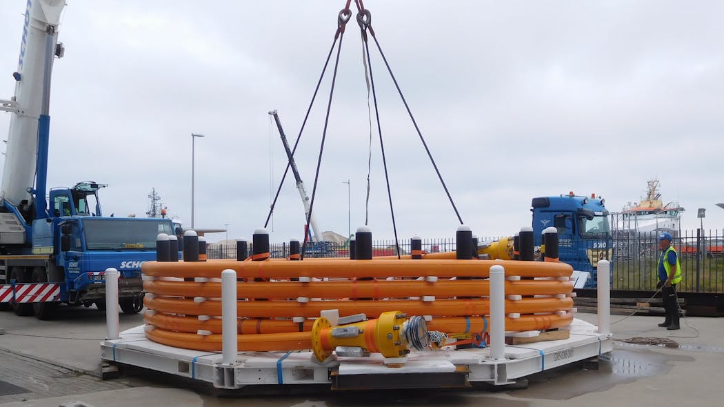 6-in. flexible TCP Jumper on subsea pallet ready for deployment in deepwater offshore Nigeria.