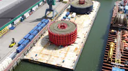 The barge CC Atlantique with 2 x 4,000 metric ton cable moored in Rotterdam.