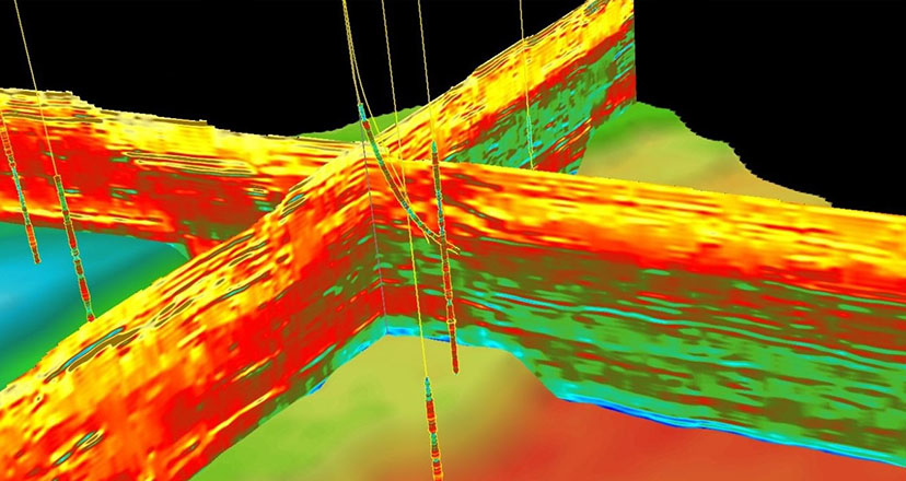 Discover deepwater sandstone reservoir sweet spots with fast and powerful workflows and interpretation using CGG&rsquo;s Jason technology on the Alibaba Cloud platform. Cross-section shows P-impedance to indicate reservoir quality; well logs show gamma ray for comparison.