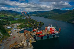 The Sleipnir offloading the jacket onto the quayside at the AF Miljøbase decommissioning site in Vats, Norway. The Sleipnir offloading the jacket onto the quayside at the AF Miljøbase decommissioning site in Vats, Norway.