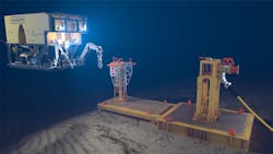 The ROV-flyable, full bore connector features the Oceaneering Grayloc metal-to-metal sealing system and M-series latch mechanism. The ROV-flyable, full bore connector features the Oceaneering Grayloc metal-to-metal sealing system and M-series latch mechanism.