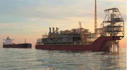 Artist impression of the FPSO for the Sangomar field development offloading oil to an offtake tanker.