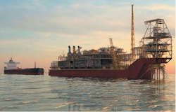 Artist impression of the FPSO for the Sangomar field development offloading oil to an offtake tanker. Artist impression of the FPSO for the Sangomar field development offloading oil to an offtake tanker.