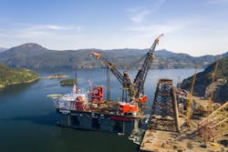 The Brent Alpha jacket at the quayside at the AF Miljøbase decommissioning site in Vats, Norway. The Brent Alpha jacket at the quayside at the AF Miljøbase decommissioning site in Vats, Norway.