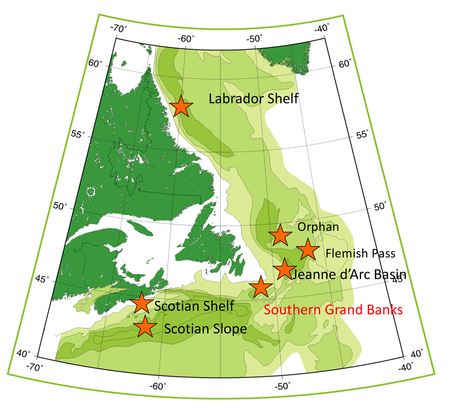 Map showing location of the Southern Grand Banks relative to offshore eastern Canada basins.