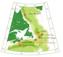 Map showing location of the Southern Grand Banks relative to offshore eastern Canada basins.