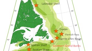 Map showing location of the Southern Grand Banks relative to offshore eastern Canada basins.