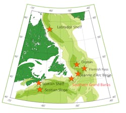 Map showing location of the Southern Grand Banks relative to offshore eastern Canada basins. Map showing location of the Southern Grand Banks relative to offshore eastern Canada basins.