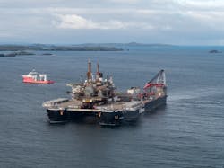 The Pioneering Spirit arrives in Dales Voe with the Ninian Northern platform topsides for decommissioning. The Pioneering Spirit arrives in Dales Voe with the Ninian Northern platform topsides for decommissioning.