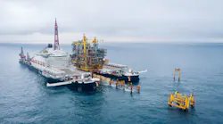 The Pioneering Spirit with the 14,000-metric ton Tyra East Alpha topsides.