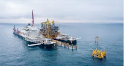 The Pioneering Spirit with the 14,000-metric ton Tyra East Alpha topsides. The Pioneering Spirit with the 14,000-metric ton Tyra East Alpha topsides.