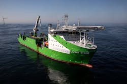 The Living Stone will install 650 km of 66kV inter-array cables and associated cable protection systems for Dogger Bank A and Dogger Bank B in the UK North Sea. The Living Stone will install 650 km of 66kV inter-array cables and associated cable protection systems for Dogger Bank A and Dogger Bank B in the UK North Sea.