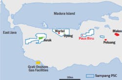 Location of the Paus Biru gas field in the Sampang PSC offshore Indonesia. Location of the Paus Biru gas field in the Sampang PSC offshore Indonesia.