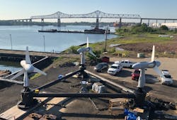 Tidal energy turbines are integrated with the TriFrame in preparation for a fall deployment in the East River. Tidal energy turbines are integrated with the TriFrame in preparation for a fall deployment in the East River.