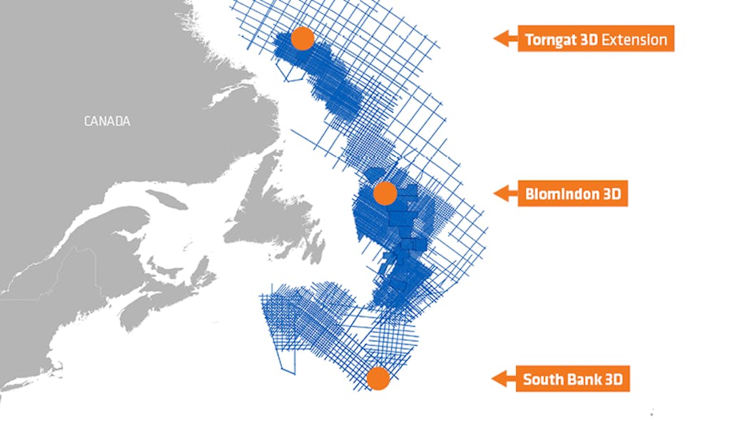 The Blomidon, South Bank, and Torngat Extension GeoStreamer 3D surveys cover about 8,500 sq km (3,282 sq mi) offshore Newfoundland and Labrador.