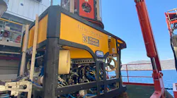 A Quasar 150-HP workclass ROV in operation offshore Greece supporting an electrical interconnection cable installation project.