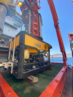 A Quasar 150-HP workclass ROV in operation offshore Greece supporting an electrical interconnection cable installation project. A Quasar 150-HP workclass ROV in operation offshore Greece supporting an electrical interconnection cable installation project.