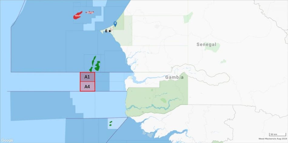 Location of the A1 and A4 licenses offshore The Gambia.