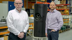 Gavin Cowie, managing director (L) and John Sangster, technical director (R) at Interventek, pictured with the Revolution PowerPlus shear and seal safety valve, which forms part of the subsea landing string system.