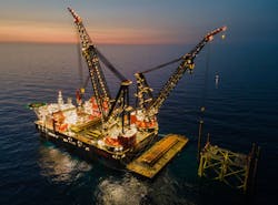 Heerema's crane vessel Sleipnir installing the platform jackets. Heerema's crane vessel Sleipnir installing the platform jackets.