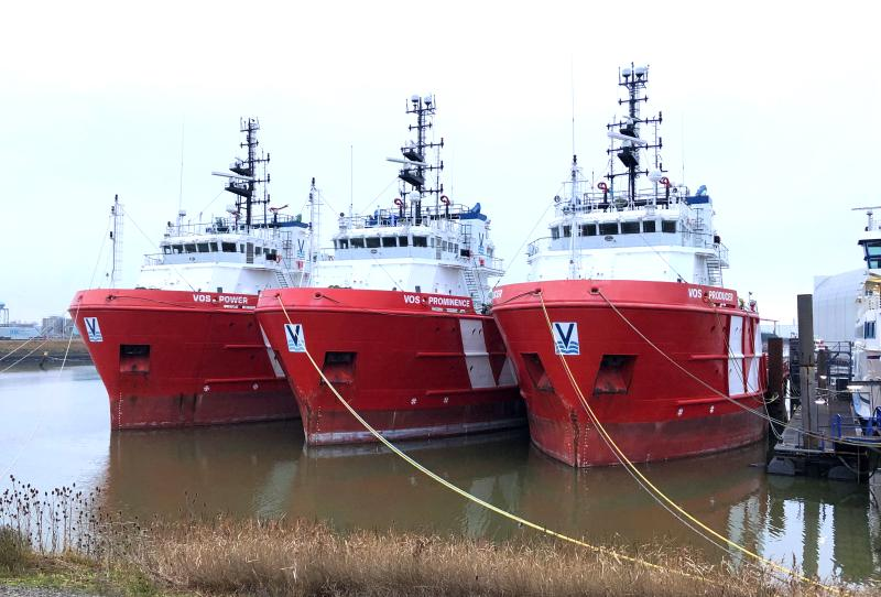 The platform supply vessels VOS Power, VOS Prominence, and Producer.