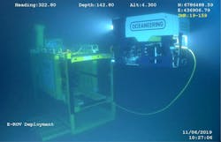 The Liberty E-ROV deployed from its cage subsea. The Liberty E-ROV deployed from its cage subsea.