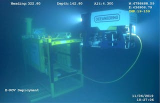 The Liberty E-ROV deployed from its cage subsea.
