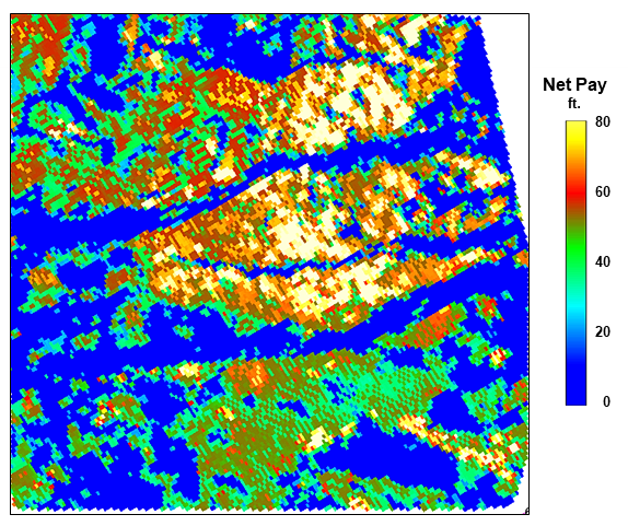 Probabilistic net pay in the Gulf of Mexico from a facies-driven deterministic inversion.