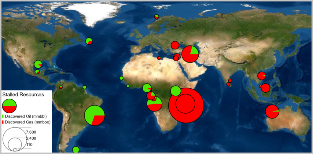 Location map of stalled resources in high-impact discoveries by country.