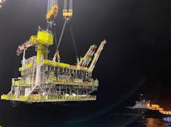 The Sleipnir installing the 2,500-metric ton (2,756-ton) topsides. The Sleipnir installing the 2,500-metric ton (2,756-ton) topsides.